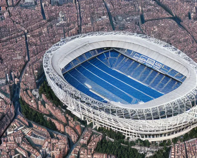 Image similar to 4 k hd, high resolution photograph of santiago bernabeu stadium from above, full colour, shot with sigma f / 4. 2, 2 5 0 mm sharp lens, wide shot, high level texture render