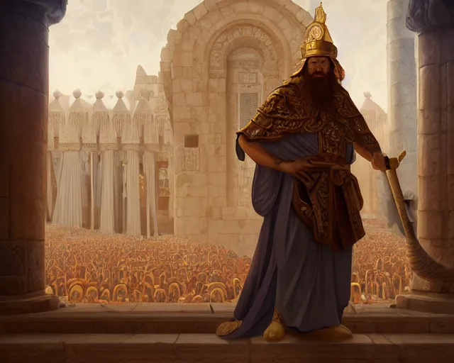 Image similar to king solomon of israel in the first temple in jerusalem, photography of kurzgesagt, deep focus, d & d, fantasy, intricate, elegant, highly detailed, digital painting, artstation, concept art, matte, sharp focus, illustration, hearthstone, art by artgerm and greg rutkowski and alphonse mucha