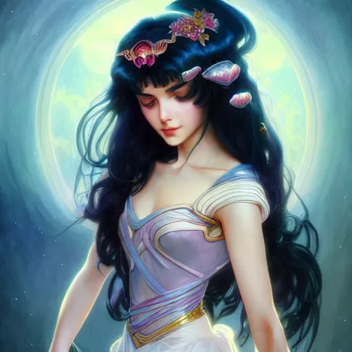 Image similar to a beautiful girl with long dark hair and bangs, sailor moon aesthetic, fantasy, intricate, elegant, highly detailed, digital painting, artstation, concept art, matte, sharp focus, illustration, art by Artgerm and Greg Rutkowski and Alphonse Mucha