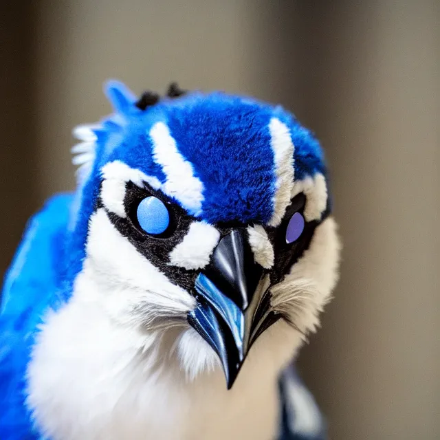 Prompt: a person wearing a fursuit of a blue jay fursona, fursona, furry convention, hotel lobby, indoors, photograph, furry fandom, photorealistic,