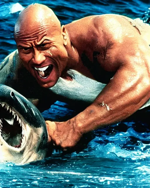 Prompt: film still close up shot of dwayne johnson wrestling with a shark in the movie jaws. photographic, photography