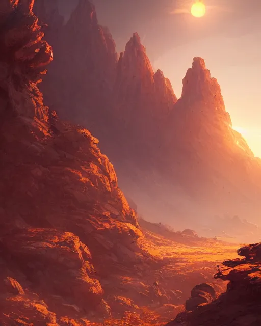 Image similar to two suns rising in the valley of fire, environment art, fantasy art, landscape art, in the style of greg rutkowski, illustration, epic, fantasy, intricate, hyper detailed, artstation, concept art, smooth, sharp focus, ray tracing