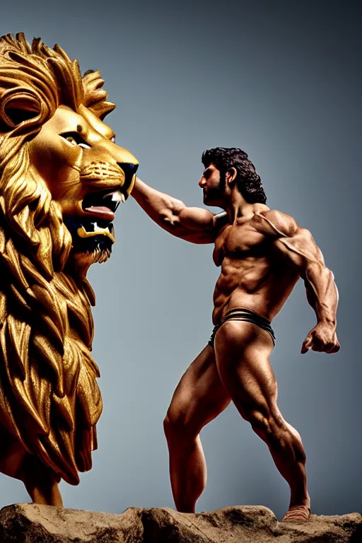 Prompt: hercules vs lion, photorealistic, 4 k, smooth, aesthetic lighting, baroque object, hyperdetailed, professional photography, pullitzer winning, photo by : canon eos 5 d mark iv, by karah mew and adnan abidi