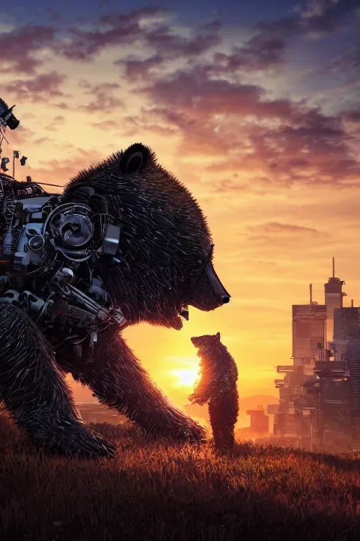 Prompt: A real photo of a Mechanical Bear and the sunset in the distance, by Josan Gonzalez, Yoji Shinkawa and Geof Darrow, highly detailed, Unreal Engine Render, 3D, 8k wallpaper