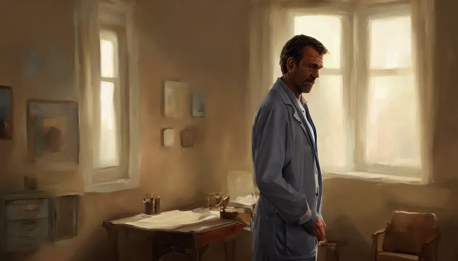 Image similar to dr house, wallpaper, cinematic shot, oil painting by jama jurabaev, extremely detailed, brush hard, artstation, high quality, brush stroke