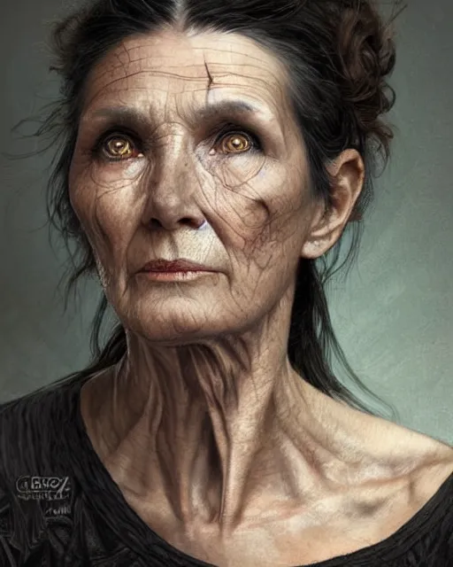 Image similar to portrait 6 0 - year - old woman, tall, severe - looking, with dark hair tied up in a bun, wearing in black clothes, hyper realistic face, beautiful eyes, fantasy art, in the style of greg rutkowski, intricate, alphonse mucha, hyper detailed, smooth