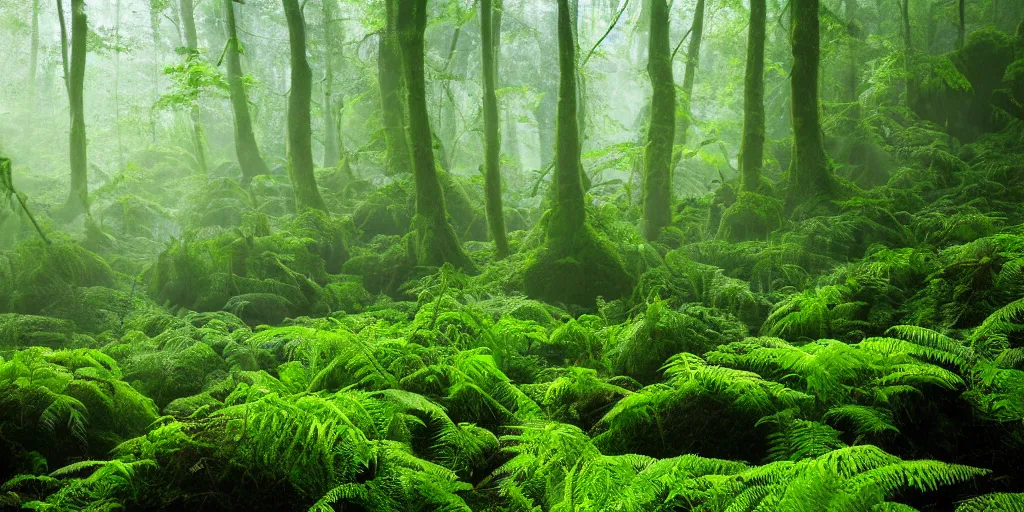 Prompt: deep lush forest floor with green ferns and moss, droplets of crystal clear water on the leaves, rays of sunlight coming through the clouds after rain, light fog