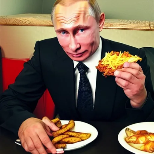 Prompt: Vladimir Putin enjoying dixie chicken after a long party, photo, iphone, camera