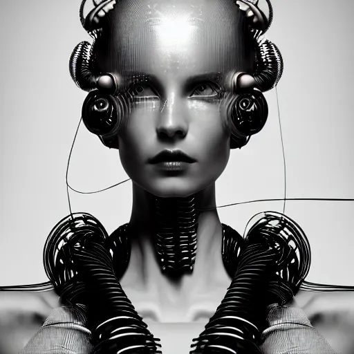 Image similar to closeup portrait of an absurdly beautiful, graceful, sophisticated, fashionable cyberpunk mechanoid gravure idol, an ultrafine hyperdetailed illustration by irakli nadar, matt wisniewski style, fashion photography, intricate linework, porcelain skin, jellyfish headdress, unreal engine 5 highly rendered, global illumination, radiant light, detailed and intricate environment