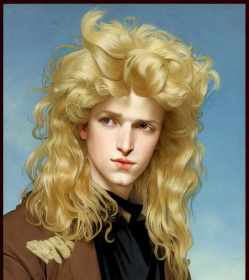 Image similar to clean cel shaded art of a pale androgynous blond young man, long fluffy curly blond hair, light platinum long blond hair, wearing black leather riding pants and a white poet shirt, Alexandre Cabanel, norman rockwell, peter paul rubens, maler collier, frank frazetta, alphonse mucha, gustav klimt 4k, unreal 5, DAZ, french noveau, trending on artstation, octane render, hyperrealistic