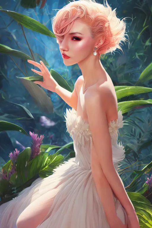 Image similar to a beautiful fashion goddness of love, chic strapless dress, tropical sea background, character design, in the style of artgerm, and wlop, cinematic lighting, hyperdetailed, 8 k realistic, symmetrical, global illumination, radiant light, frostbite 3 engine, cryengine, dof, trending on artstation, digital art