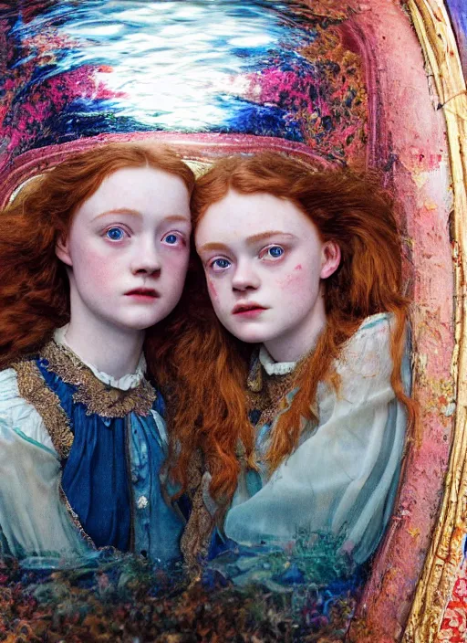 Image similar to sadie sink detailed colourful masterpiece of intricate preraphaelite photography couple portrait sat down extreme closeup, love, inside a full underwater train, detailed realistic expressions, wearing unusual clothes, by ford madox brown and william powell frith and frederic leighton and john william waterhouse and william morris, ultra wide angle