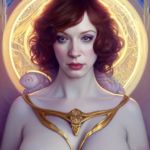 Image similar to christina hendricks wearing a white periwinkle, sci fi, glowing eyes, volumetric lights, gold theme, art nouveau botanicals, intricate, highly detailed, digital painting, artstation, concept art, smooth, sharp focus, cinematic, illustration, beautiful face, art by artgerm and greg rutkowski and alphonse mucha