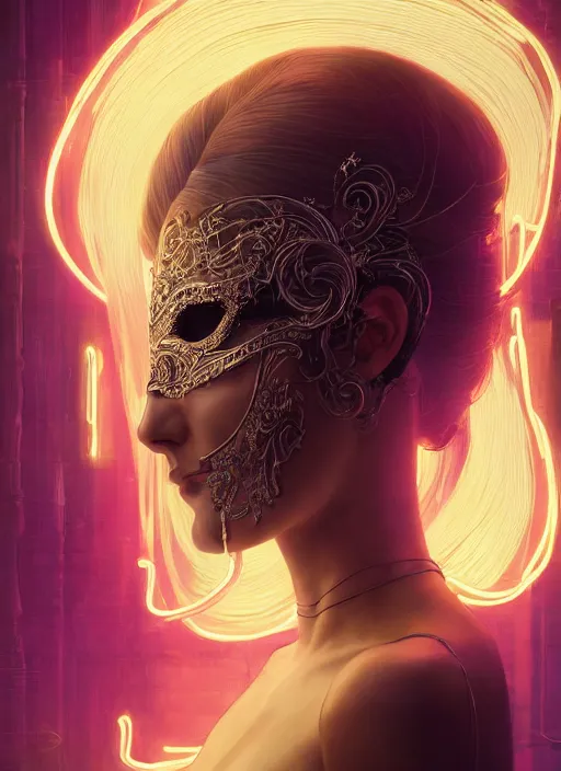 Prompt: a beautiful woman wearing a venetian mask, intricate concept art, ethereal, elegant, highly detailed, artstation, smooth, cyberpunk darksynth, cinematic, opalescent mist, dramatic lighting, illuminated glowing lines, outrun, neon vaporware, by ruan jia and ilya kuvshinov and craig mullins and alphonse mucha