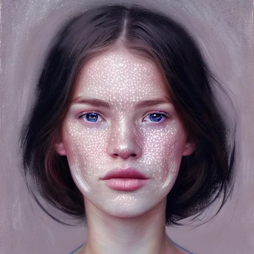 Prompt: Facial portrait of a pretty cottagecore girl, looking at the camera, slight awkward smile, lips slightly parted, some light freckles, no hands visible, extremely detailed painting by Greg Rutkowski and by Steve Henderson and by Harumi Hironaka