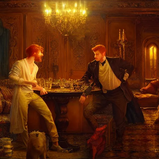 Prompt: attractive male mike with ginger hair and attractive male tyler with brunet hair, drinking their hearts out, in their noble mansion, at night. highly detailed painting by gaston bussiere, craig mullins, donato giancola 8 k