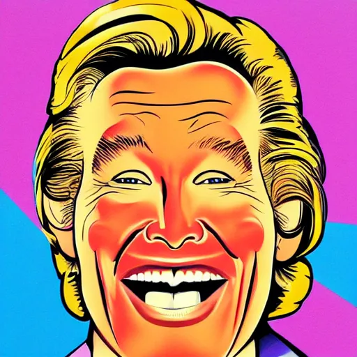 Image similar to handsome, jocelyn wildenstein, pop art poster, vivid colors, cartoon, long chin, big smile