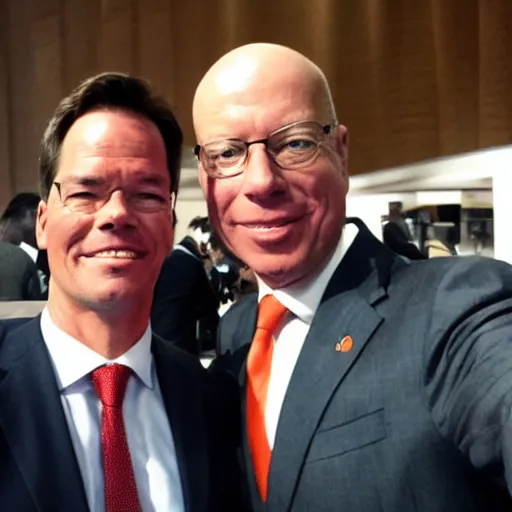 Image similar to a selfie of Mark Rutte shoulder to shoulder with Klaus Schwab