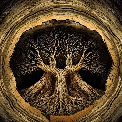 Image similar to soul tree of the earth, perfect symmetry, left side chaos, right side serenity, circular base surrounding grand tree, cinematic, ultrarealistic, intricate detail, finely detailed, small details, extra detail, high resolution, 3D, volumetric lighting, octane render, 8k, ultradetailed, photorealistic,