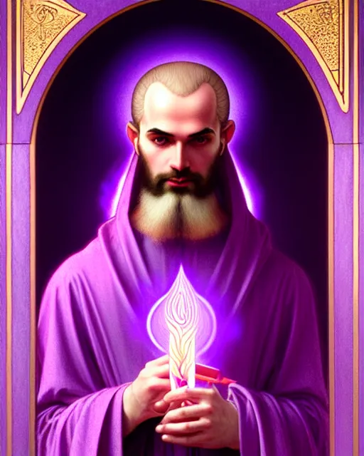 Image similar to portrait of saint germain, he is holding the violet purple indigo flame, completely violet colored, intricate, elegant, highly detailed, digital painting, artstation, concept art, smooth, sharp focus, illustration, art by artgerm and greg rutkowski and fra angelico and alphons mucha