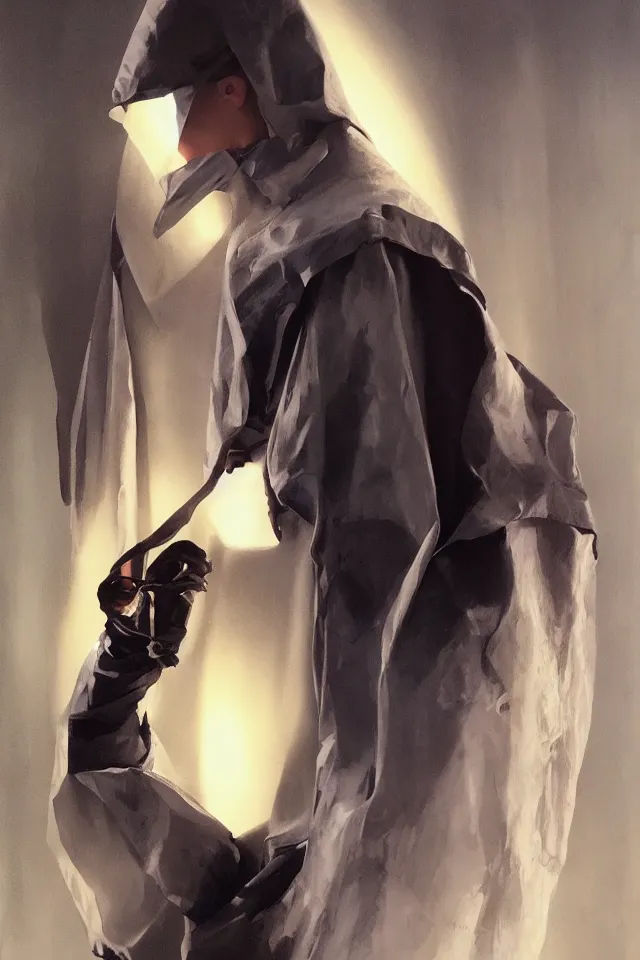 Prompt: digital fashion, androgynous person face covered, tactical poncho latex rags, techwear, iridiscent light, high key, cinematic lighting at night, grimm, phil hale, boris vallejo, alberto mielgo, patrick o'keeffe