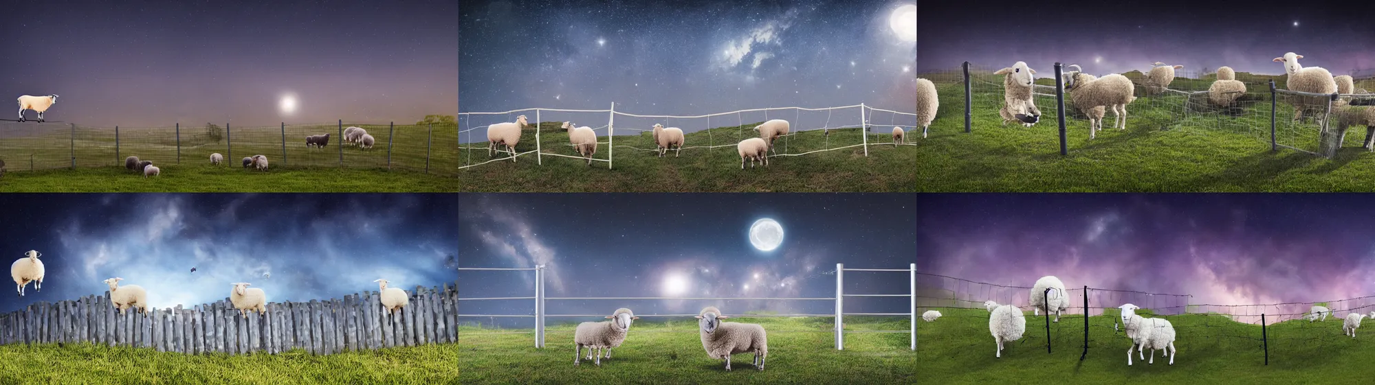 Prompt: night sky with robotic sheep jumping a fence