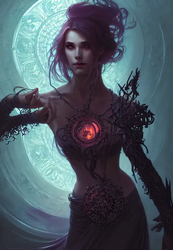 Image similar to Necromancer Sorceress in center, fantasy magic, undercut hairstyle, dark light night, intricate, elegant, sharp focus, illustration, highly detailed, digital painting, concept art, matte, art by WLOP and Artgerm and Greg Rutkowski and Alphonse Mucha, masterpiece