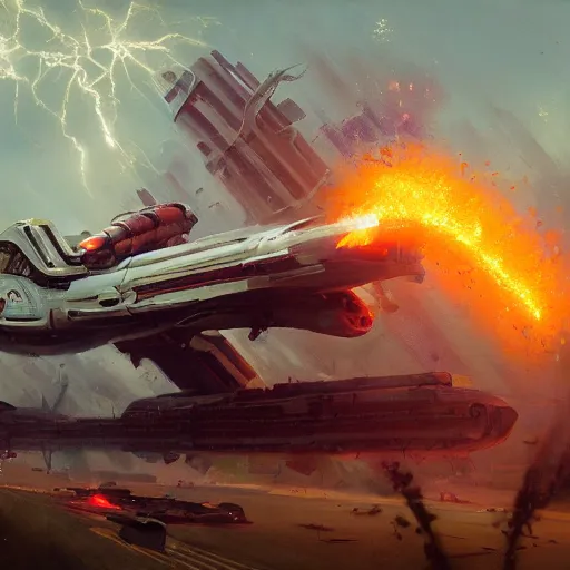 Image similar to a beautiful battle spaceship sticking in the ground, the spaceship is on fire, smoke, crash, accident, lightning, angry, kinetic, john sargent, adolphe bouguereaum, peter deligdisch, jama jurabaev, sachin teng, sergey kolesov, ruan jia, trending on artstation, highly detailed oil painting,