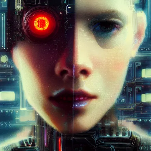 Image similar to a face covered in computer circuits, scifi, bladerunner, cyberpunk, very detailed eyes, 8 k resolution, by wlop, greg rutkowski