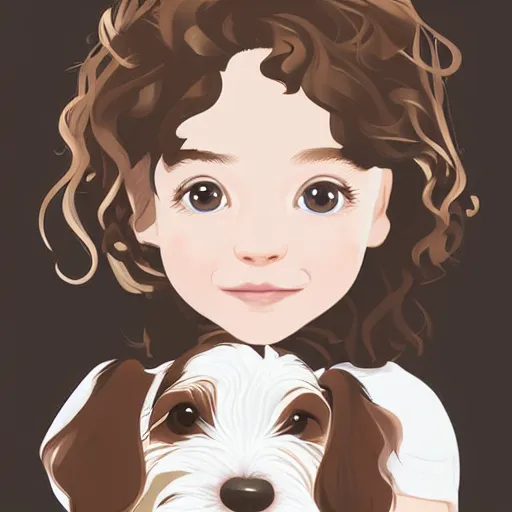 Prompt: a little girl with short wavy curly light brown hair with a wire haired jack russell terrier puppy, white with brown patches over both eyes. highly detailed face. clean cel shaded vector art by lois van baarle, artgerm, helen huang, by makoto shinkai and ilya kuvshinov, rossdraws, illustration, art by ilya kuvshinov