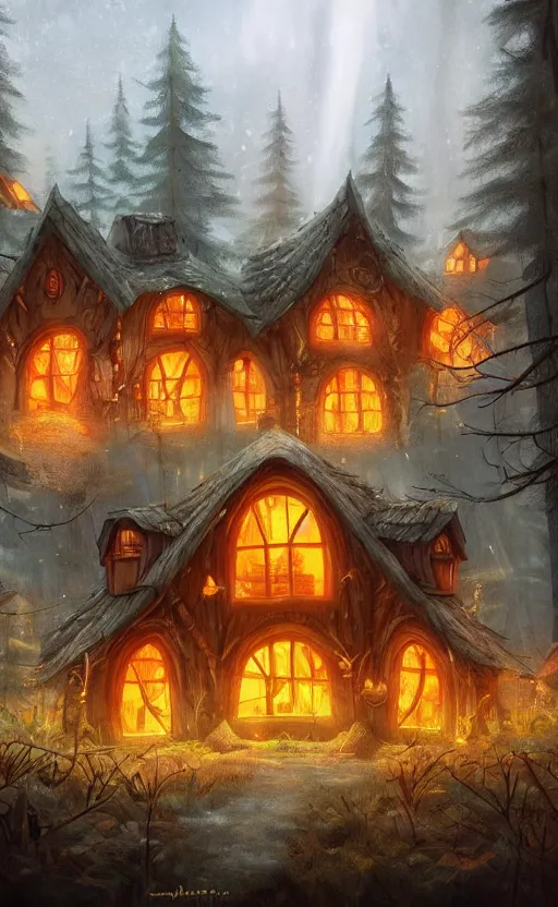 Image similar to a giant pumpkin cabin in the middle of a forest at night, the lights are on, dynamic lighting, photorealistic fantasy concept art, trending on art station, stunning visuals, creative, cinematic, ultra detailed
