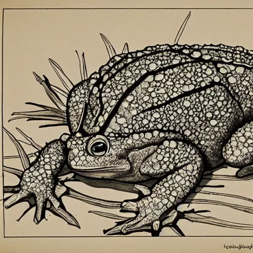 Prompt: botanical technical drawing of a toad samurai :: Cottage core :: fine detailed :: line art :: lithography :: ink detail and color