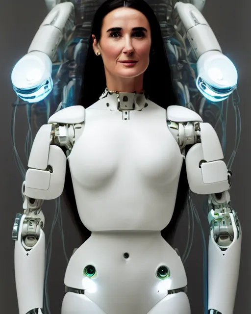 Prompt: portrait of blissed out young demi moore as a solarpunk mecha humanoid robotic parts with bright led lights, real human face, pudica pose gesture, by bouguereau, in white room, ultra - realistic and intricate, portrait shot 8 k