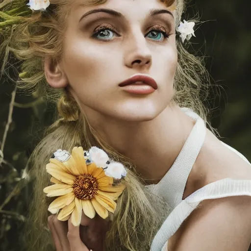 Image similar to vintage photograph of an olive skinned blonde female model in her twenties, her hair pinned up with flowers, wearing a designer top, looking content, focused on her neck, photo realistic, extreme detail skin, natural beauty, no filter, slr, golden hour, 8 k, high definition, selfie