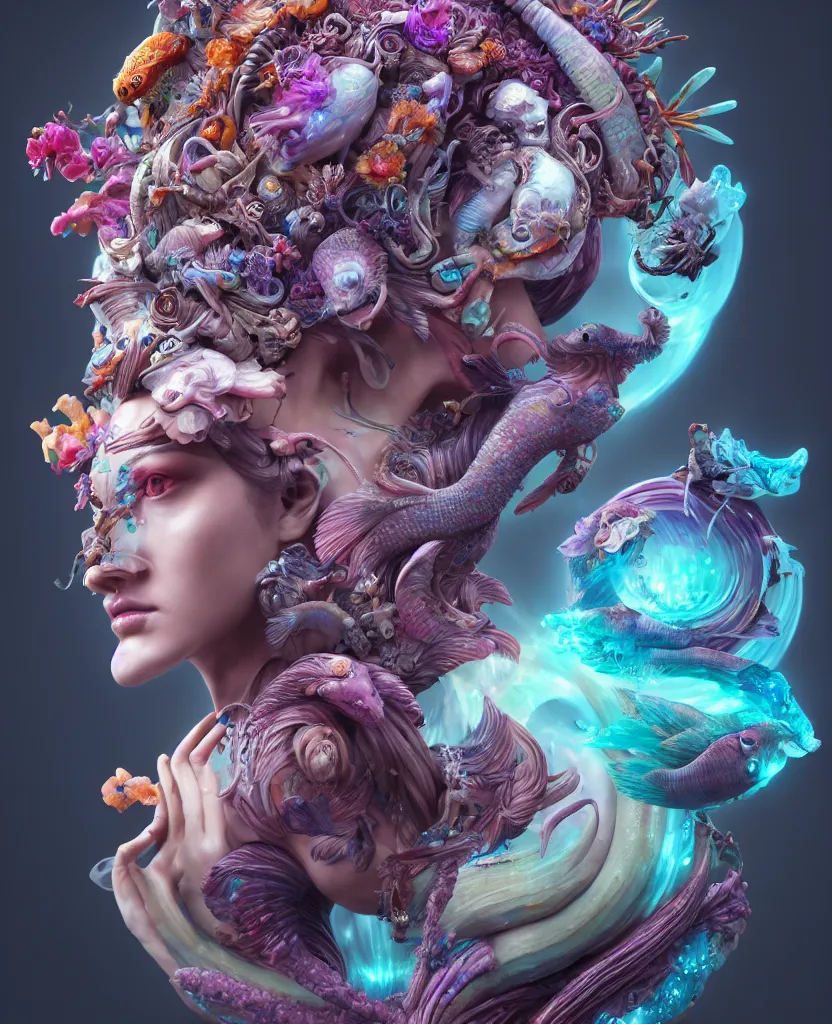 Image similar to goddess full color painted acryllic sculpture close-up portrait. orchid bird phoenix head, nautilus, skull, betta fish, bioluminiscent creatures, intricate artwork by Tooth Wu and wlop and beeple. octane render, trending on artstation, greg rutkowski very coherent symmetrical artwork. cinematic, hyper realism, high detail, octane render, 8k