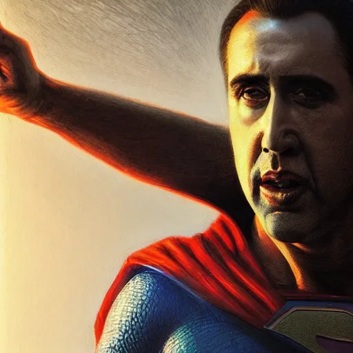 Image similar to Portrait of Nicolas Cage as superman, DC, dark fantasy, intricate, smooth, artstation, painted by Wayne Barlowe, Greg Rutkowski, Zdislav Beksinski