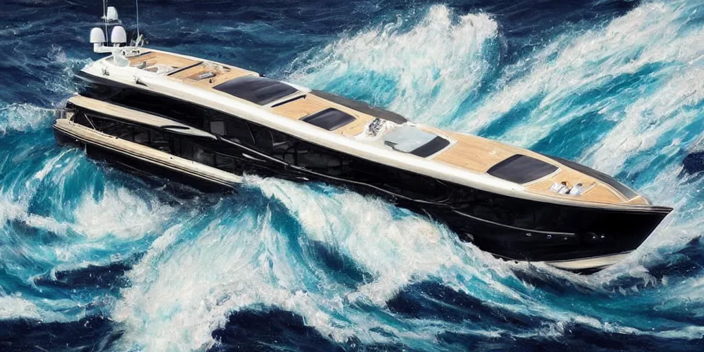 Image similar to motor yacht in a turbulent sea, 8 k, expressive, highly detailed, aiwasowski style,