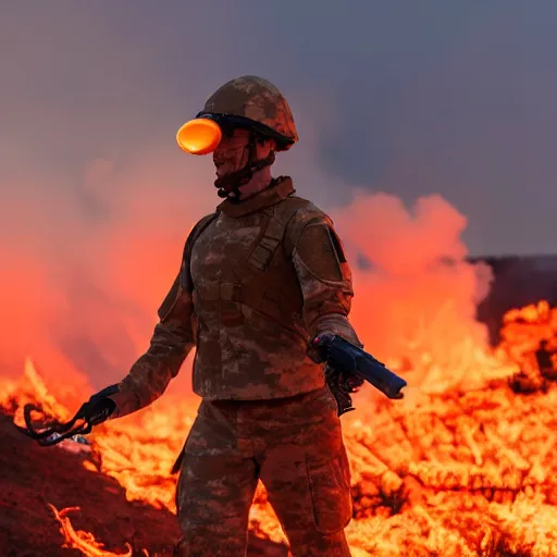 Image similar to a soldier with a glowing orange visor, a half-turn looks into the camera, bodies of the dead are scattered around, an orange fire in the background, 4k, details, dramatic pose