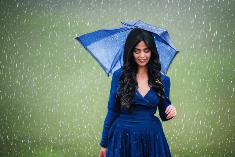 Prompt: woman in dark blue dress with gold stars rain, XF IQ4, 150MP, 50mm, f/1.4, ISO 200, 1/160s, natural light, Adobe Photoshop, Adobe Lightroom, DxO Photolab, Corel PaintShop Pro, rule of thirds, symmetrical balance, depth layering, polarizing filter, Sense of Depth, AI enhanced