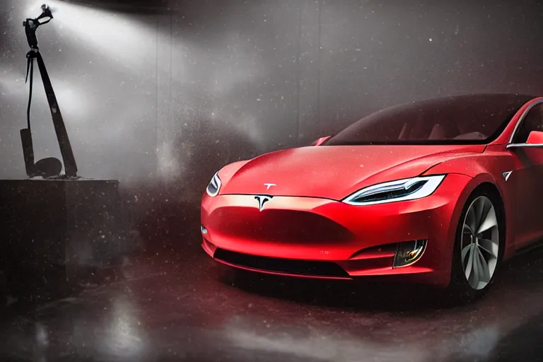 Image similar to a 2 8 mm closeup photo of a tesla car in a photo studio, hyper detailed, smooth, high contrast, volumetric lighting, octane, craig mullins, cinematic