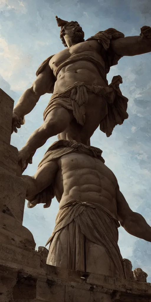 Image similar to looking up at a colossal statue of an old king at the entrance of an ancient greek harbor, greg rutkowski, 8 k, shallow depth of field, intricate detail, concept art,