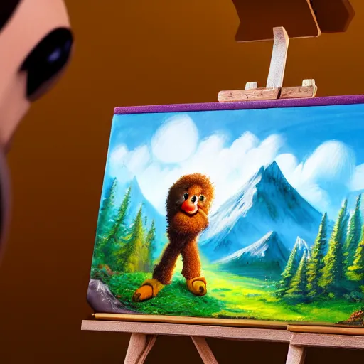 Prompt: a closeup photorealistic photograph of bob ross working on a canvas painting of elmo. film still. brightly lit scene. mountains and trees. this 4 k hd image is trending on artstation, featured on behance, well - rendered, extra crisp, features intricate detail, epic composition and the style of unreal engine.