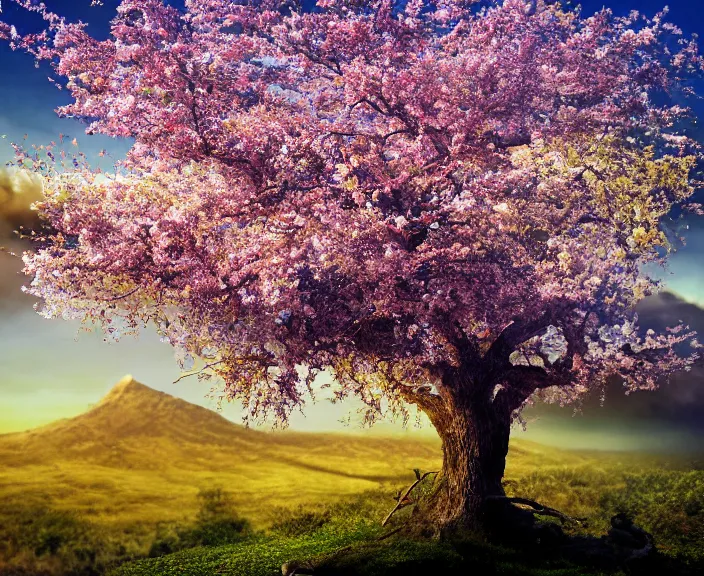 Prompt: 4 k hd, high detail photograph of blossoming tree in mordor landscape, apocalyptic scenery, shot with sigma f / 4. 2, 2 5 0 mm sharp lens, wide shot, consistent, volumetric lighting, high level texture render