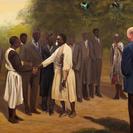 Prompt: painting of president obama meeting solomon northup and shaking hands, sunny day, 4 k