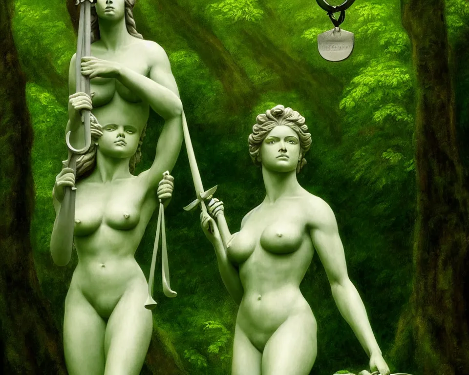 Prompt: lady justice statue in a rainforest clearing by raphael, hopper, and rene magritte. detailed, romantic, enchanting, trending on artstation.