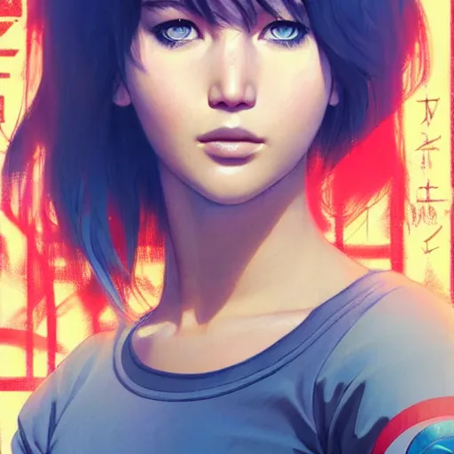 Image similar to jennifer lawrence portrait as manga girl, realistic shaded perfect face, fine details. anime. realistic shaded lighting poster by ilya kuvshinov katsuhiro otomo ghost - in - the - shell, magali villeneuve, artgerm, jeremy lipkin and michael garmash and rob rey