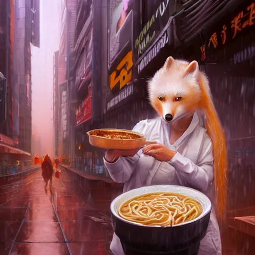 Prompt: white anthropomorphic female vulpes vulpes fulva, eating ramen from a bowl, in the rain by a noodle kiosk, in crowded and wet street of a city, cyberpunk, harsh neon lights, highly detailed, digital painting, trending on artstation, concept art, sharp focus, illustration, art by artgerm and greg rutkowski and magali villeneuve