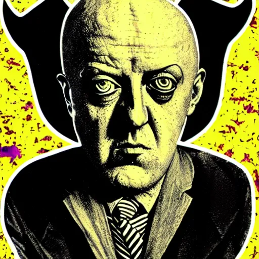 Image similar to graphic illustration, creative design, aleister crowley as baphomet, biopunk, francis bacon, highly detailed, hunter s thompson, mixed media