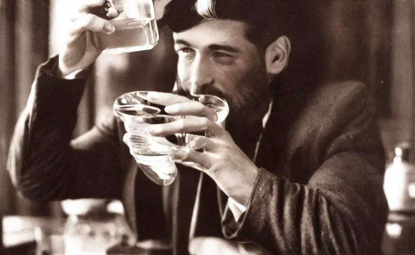 Prompt: color photo of a photomodel handsome man drinking whiskey 8 0's style