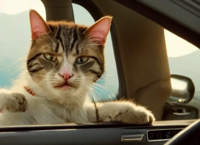 Image similar to A very high resolution image from a new movie, a cat driving a car around, inside of a car , mountains, Polaroid, directed by wes anderson